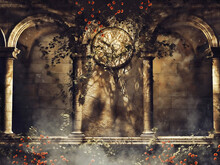 Vintage Gothic Arches With Vines, Roses, And An Old Clock. 3D Illustration.