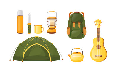 Poster - Camping equipment flat color vector objects set