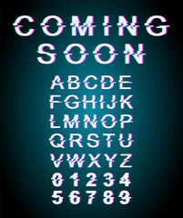 Fototapete - Coming soon glitch font template. Retro futuristic style vector alphabet set on blue background. Capital letters, numbers and symbols. Opening release typeface design with distortion effect