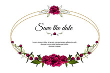 Oval Frame Made With Bright Purple Peony Flowers And Golden Lines With Words Save The Date On White Background
