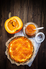 Wall Mural - Pumpkin tart on wooden table