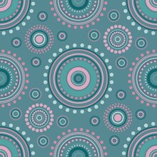 Seamless Symmetric Pattern Of Circles And Dots Of Blue, Pink And Violet Colors.