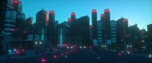 Neon Urban Future. Futuristic City Against Blue Sunset Sky. Wallpaper In A Cyberpunk Style. Industrial Landscape With Bright Neon Lights And Huge Futuristic Buildings. 3D Illustration.