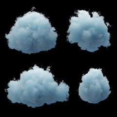 Wall Mural - 3d render. Abstract fluffy white clouds isolated on black background. Weather forecast icon. Cumulus clip art collection. Sky design elements set