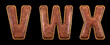 Set of leather letters V, W, X uppercase. 3D render font with skin texture isolated on black background.