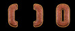 Set of symbols left and right parentheses, number 0 made of leather. 3D render font with skin texture isolated on black background.