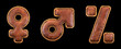 Set of symbols female, male, percent made of leather. 3D render font with skin texture isolated on black background.