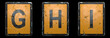 Set of capital letter G, H, I made of public road sign orange and black color on black background. 3d