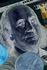 Wall Mural - american money: a bill of 100 us dollars and a quarter (25 cents). inverted dark illustration on a c
