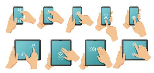 Poster - touchscreen gestures. hands on smartphone and tablet multi touch screen. pinch to zoom, swipe and cl