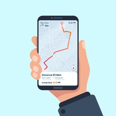 Wall Mural - Smartphone navigation app. Vector gps mobile application, smartphone city location, route on phone illustration