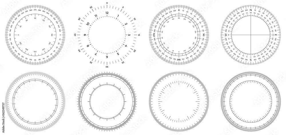 Round measuring circles. 360 degrees scale circle with lines, circular dial and scales meter vector set. Illustration circle degree, meter circular 360, measurement time or angle - obrazy, fototapety, plakaty 