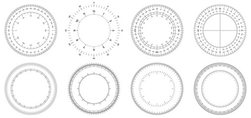 round measuring circles. 360 degrees scale circle with lines, circular dial and scales meter vector 