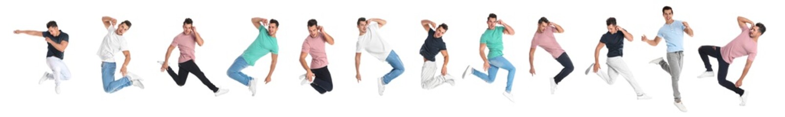 Wall Mural - Collage of emotional young man wearing fashion clothes jumping on white background. Banner design