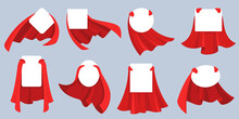 Red Hero Cape Label. White Empty Badges With Super Hero, Power Man Cloak. Cartoon Vector Mockup For Kids Product Advertising. Super Cloak Hero For Discount Banner, Child Fashion Mantle Illustration