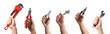 © New Africa - Set with photos of people holding different tools on white background, closeup. Banner design