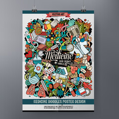 Cartoon colorful hand drawn doodles Medicine poster template.