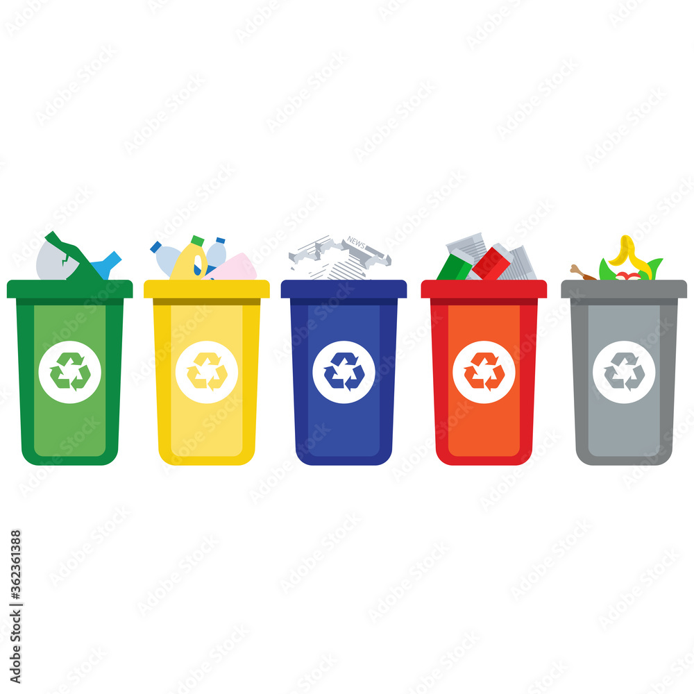 colored trash cans blue red with metal, paper, plastic, glass and ...