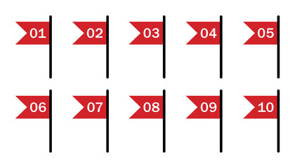 Poster - set red flags numbered from 1 to 10 in flat style. vector illustration.