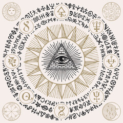 Wall Mural - Illustration with an all-seeing eye, alchemical and Masonic symbols. Hand-drawn vector banner with a third eye, esoteric and magical signs written in a circle in retro style