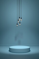 Poster - Empty pedestal with dangling lights. display for product. 3D render / rendering