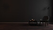 Modern luxury dark living room interior background with grey armchair in night light, dark room interior mock up, black empty wall mockup, vintage living room mockup, 3d rendering
