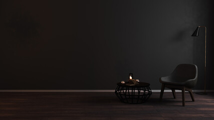 Wall Mural - modern luxury dark living room interior background with grey armchair in night light, dark room inte