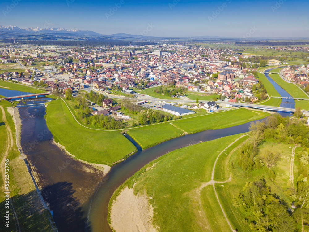 Czarny and Bialy Dunajec Rivers meeting in Nowy Targ - obrazy, fototapety, plakaty 