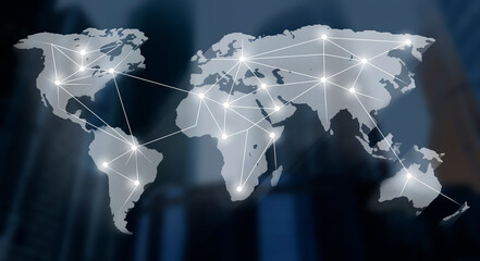 Fototapete - World map with international communication network, collage with blurred megapolis buildings on background