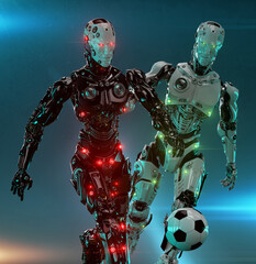 Two robotic Soccer players in action, 3d rendering of black and white cyborg competitor football players