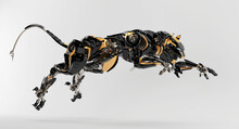 Futuristic Hunting Panther Unit. Jumping Black-orange Cyber Cat 3d Rendering