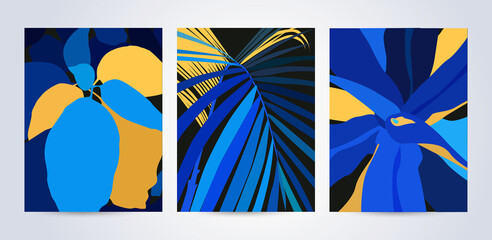 Wall Mural - Modern abstract art design with exotic leaves in blue and mellow yellow colors. Contemporary wall art, cards, posters, or magazine covers, packaging and branding design. Trendy tropical background