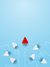 Different Business Concept.Red Paper Plane Changing Direction From White Paper Plane. New Ideas. Paper Art Style. Creative Idea. Vector ,illustration.