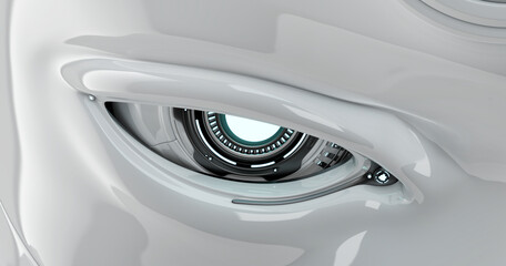 Cyber eye closeup with signs. Serious robotic eye 3d rendering