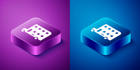 Poster - Isometric Double decker bus icon isolated on blue and purple background. London classic passenger bus. Public transportation symbol. Square button. Vector.