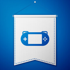 Wall Mural - Blue Portable video game console icon isolated on blue background. Gamepad sign. Gaming concept. White pennant template. Vector.