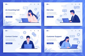 Poster - Customer support landing page. Cartoon call center operators and information service with online consultants with headset. Vector illustrations client support consulting web set