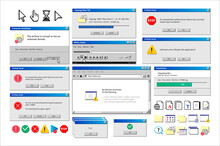 Old Computer Window. Popup Warning, Error And Installation Windows, Media Player And File Manager Classic Retro Design. Vector Illustration Vintage Tab 90s Software UI