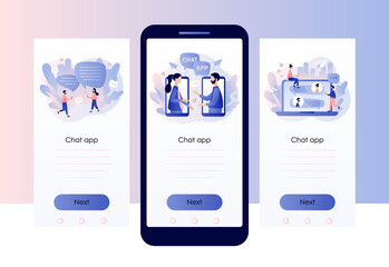 Poster - Mobile chat App. Tiny people using mobile smartphone for chatting. Online communication, social networking, messages. Screen template for mobile smart phone. Modern flat cartoon style. Vector 