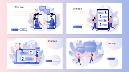 Poster - Mobile chat App. Online communication, social networking.   Screen template for mobile smart phone, landing page, template, ui, web, mobile app, poster, banner, flyer. Modern flat cartoon style.Vector