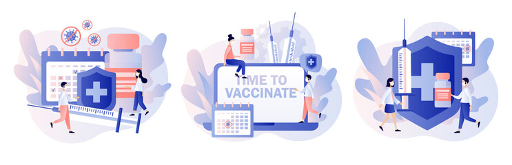Time to vaccinate. Vaccination concept. Tiny people doctors with vaccine, syringe, bottle and calendar. Modern flat cartoon style. Vector illustration on white background