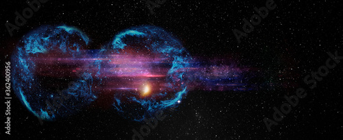 Fotomural Black hole over star field in outer space, abstract space wallpaper with form of infinity symbol and sparks of light with copy space