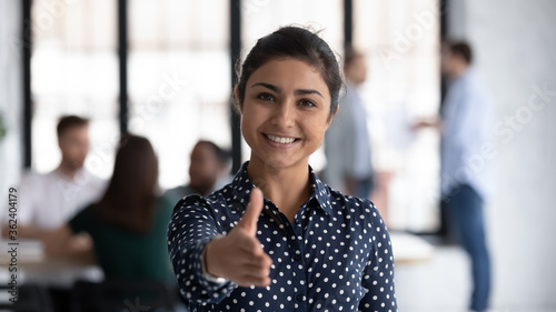 Fotomural Head shot of friendly indian boss greeting client stretch out hand welcoming exp