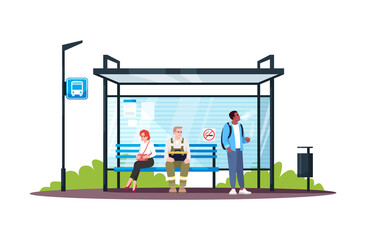 Canvas Print - Guy smoking at a no smoking bus stop semi flat RGB color vector illustration. Irritating behaviour in public space. People waiting for transport. Isolated cartoon characters on white background