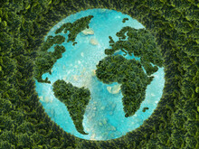 Planet Earth On A Green Background. Green Continents Made From The Crown Of A Tree. Clear Azure Water. The Ecological Concept Of The Survival Of The Planet.