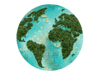 Planet earth on a white background. Isolate. Green continents made from the crown of a tree. Clear azure water. The ecological concept of the survival of the planet.