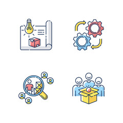 Sticker - Industrial processes RGB color icons set. Product concept development, prototype production, vendor selection and maintenance service. Isolated vector illustrations