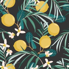 Seamless citrus vintage pattern with palm leves on black background. Hand drawn illustration with lemons. Template for print, textile,wallpaper cover and box design.