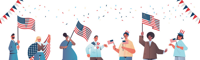 mix race people holding united states flags celebrating american independence day holiday 4th of july concept horizontal portrait vector illustration