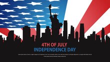 Statue Of Liberty Silhouette Over United States Flag Independence Day Celebration Concept 4th Of July Banner Cityscape Horizontal Copy Space Vector Illustration